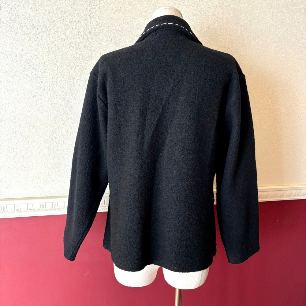 Vintage Lisa International Black Boiled Wool Jacket M Contrast Stitch Monochrome - Picture 4 of 9